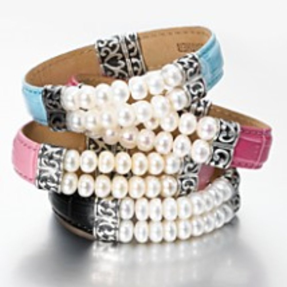 SOLD!! Honora PINK Leather & Double Row Pearl Bracelet - Picture 1 of 5